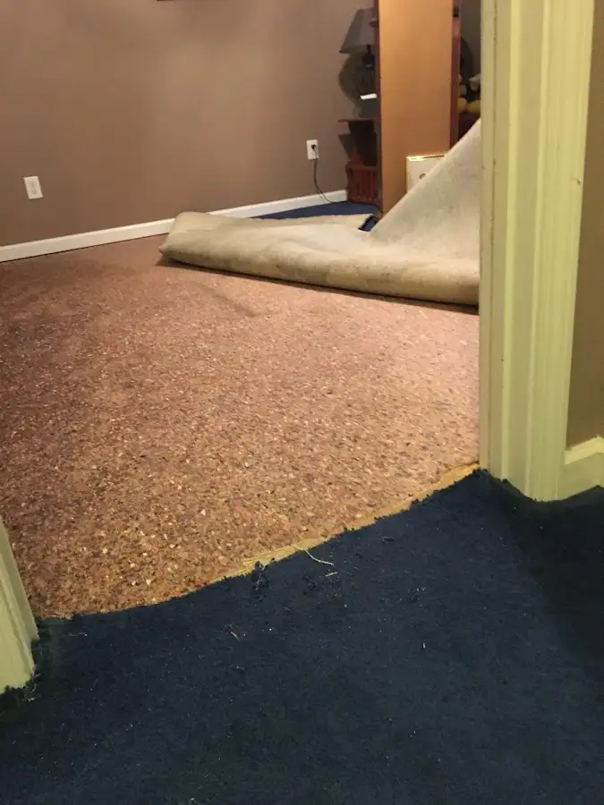 Carpet pad removal revealing water damage during Drying & Dehumidification in Kimball
